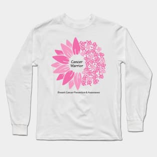 Breast cancer warrior with flower, hearts, ribbons & black type Long Sleeve T-Shirt